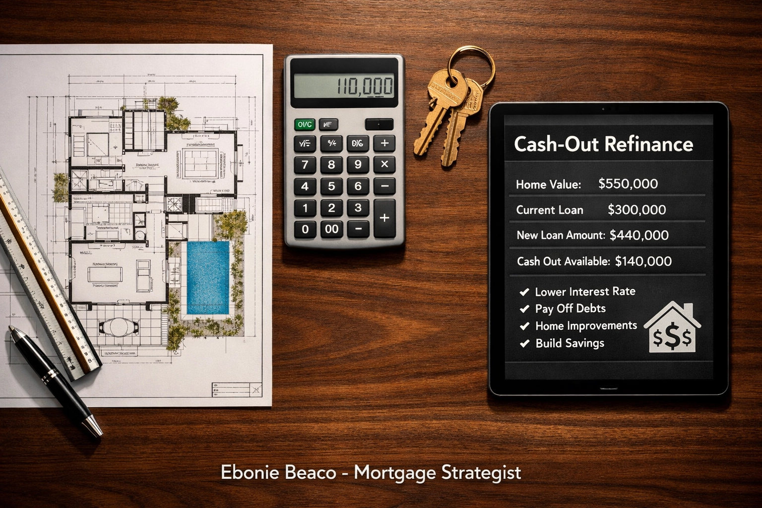 Calculated home equity on a desk with blueprints, representing a cash-out refinance for real estate investors.