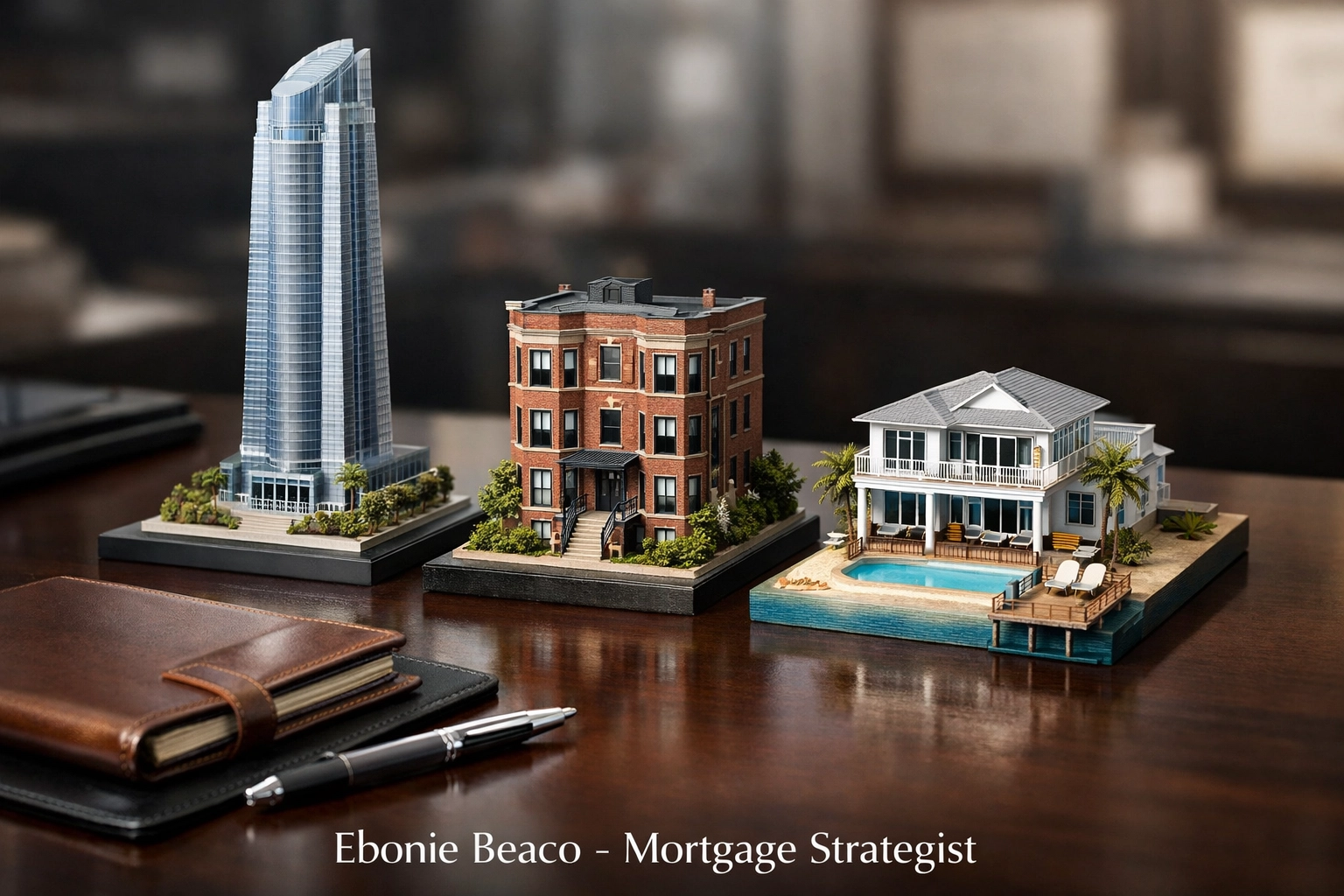 Miniature property models on a desk representing mortgage financing strategies for FL, CA, and IL investors.