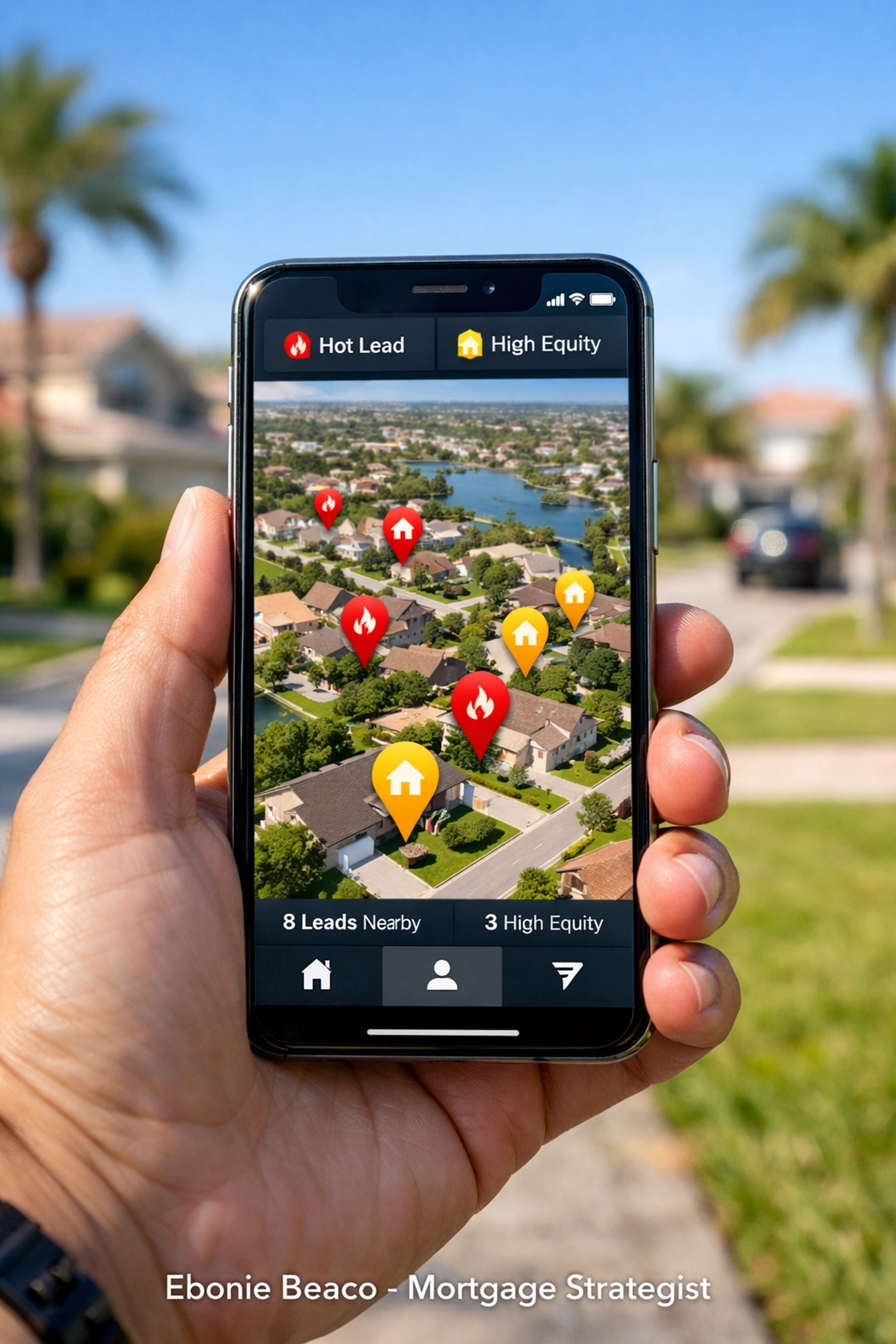 Smartphone app showing real estate leads in a suburban neighborhood for driving for dollars wholesaling strategy.