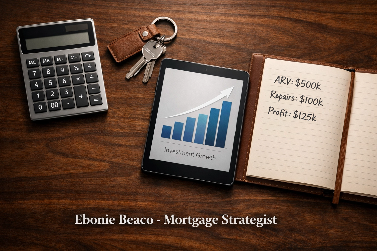 Office desk with a calculator and notes detailing ARV and repair costs for a real estate investment property analysis.