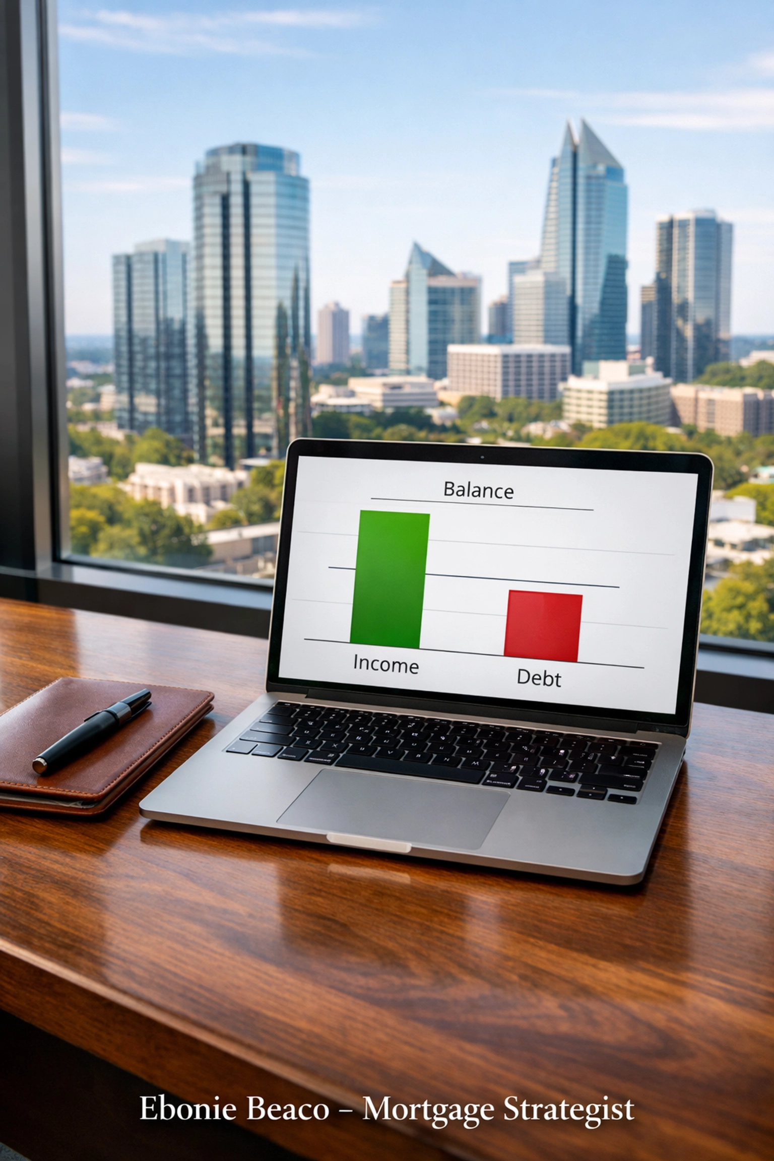 Laptop displaying debt-to-income ratio chart in an Atlanta office, perfect for planning an Atlanta jumbo loan.