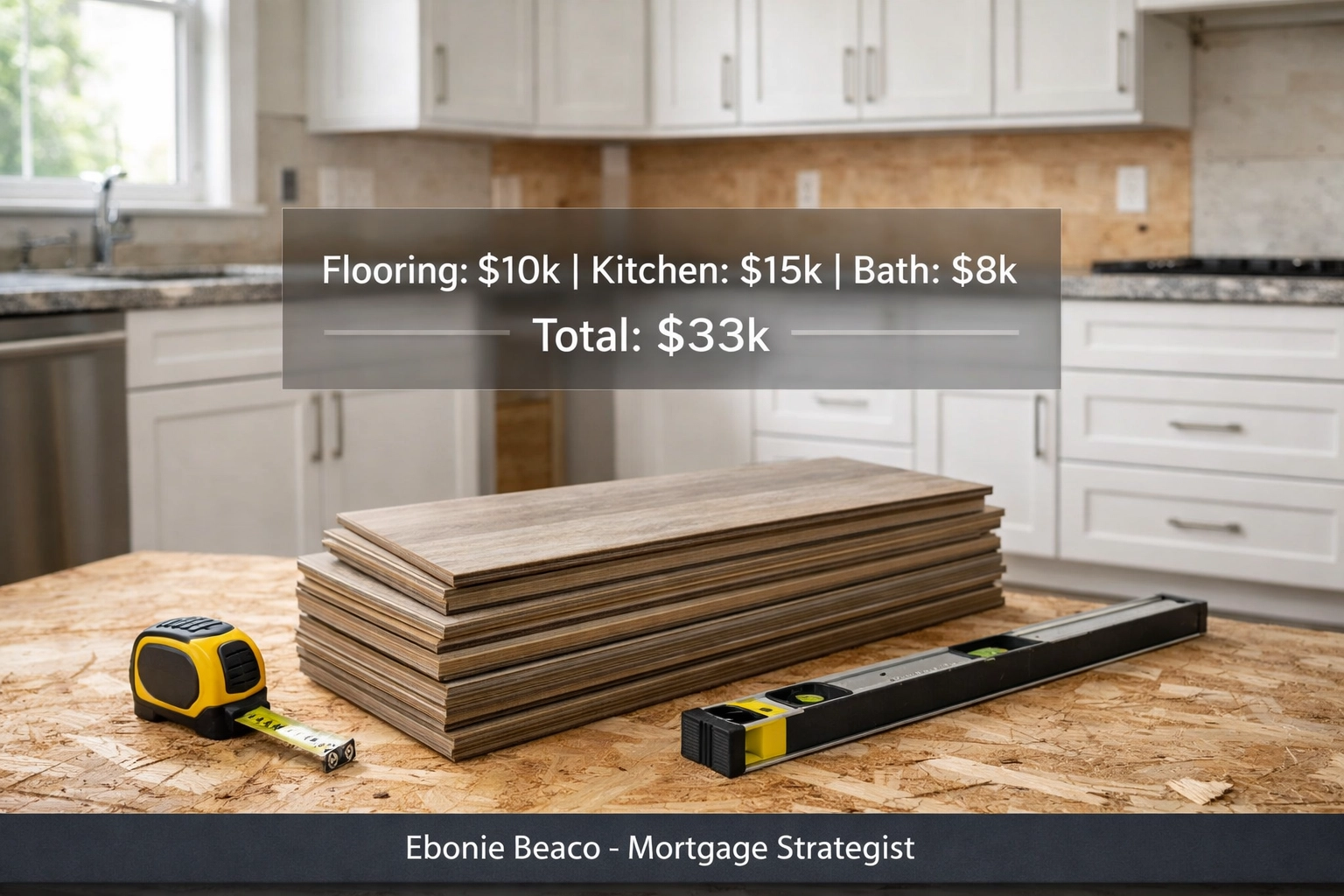 House renovation showing kitchen and flooring updates with a $33,000 rehab cost estimate for wholesaling.