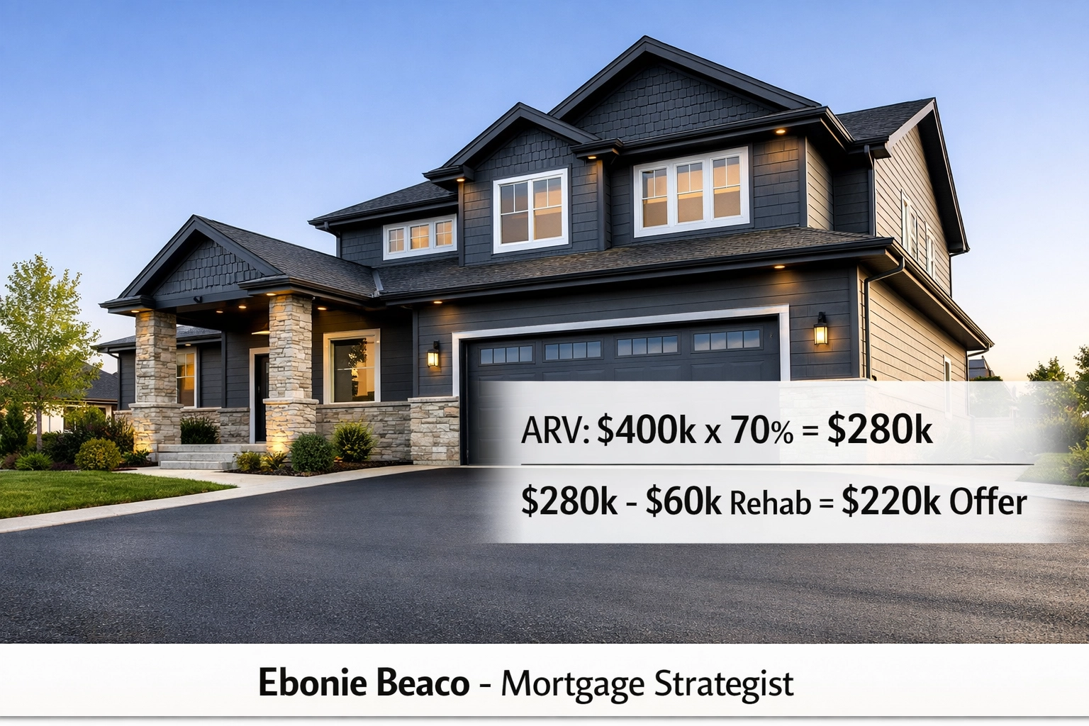 Wholesale real estate deal breakdown showing the 70 percent rule calculation on a modern suburban home.