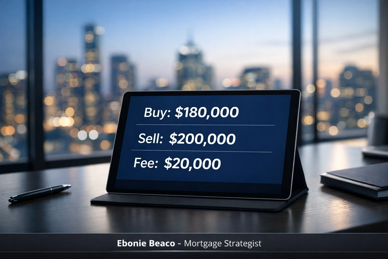 Digital tablet showing wholesale real estate assignment fee math: Buy $180k, Sell $200k, and $20k Fee.
