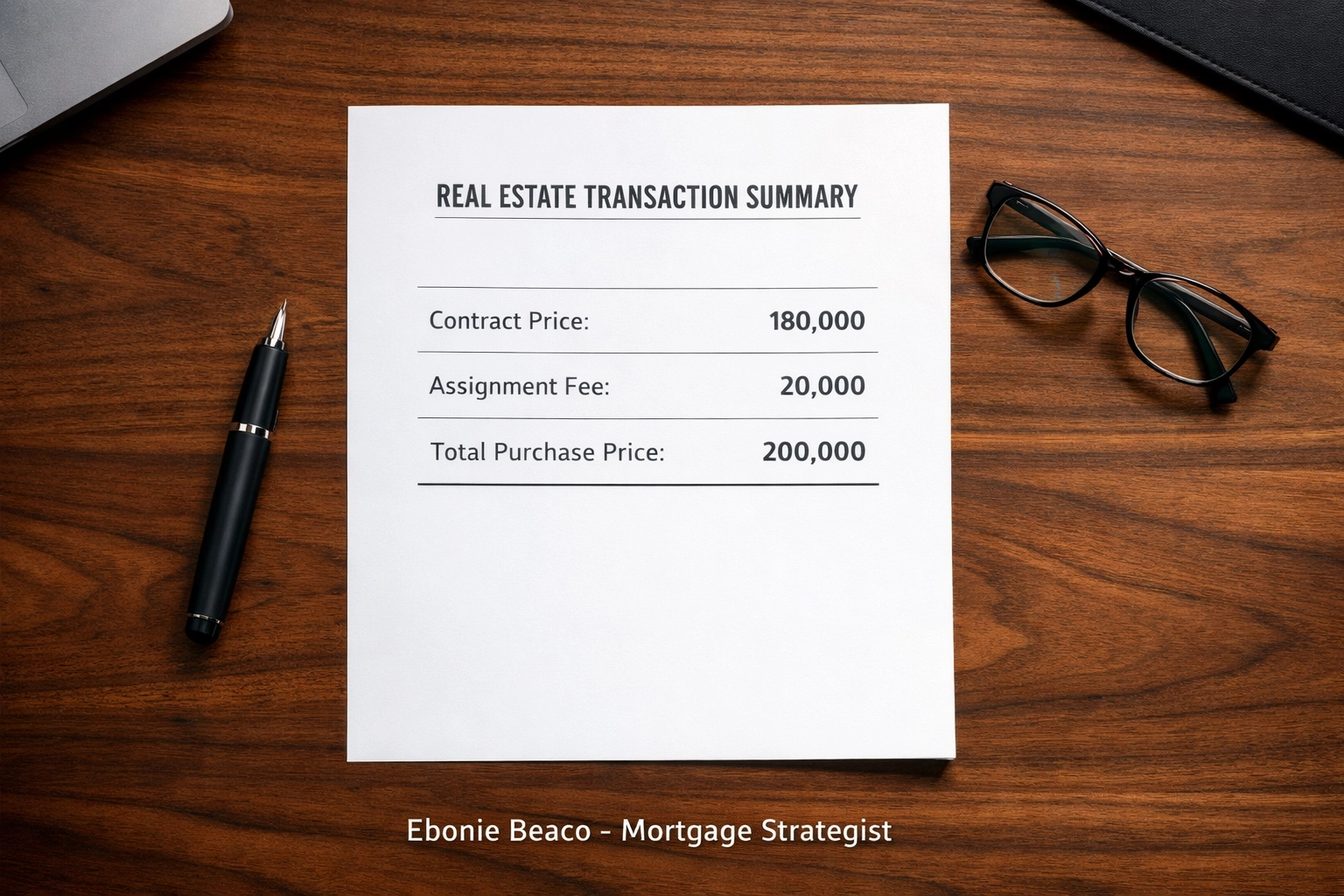 Real estate wholesale contract on a desk showing an assignment fee and purchase price breakdown for off-market deals.