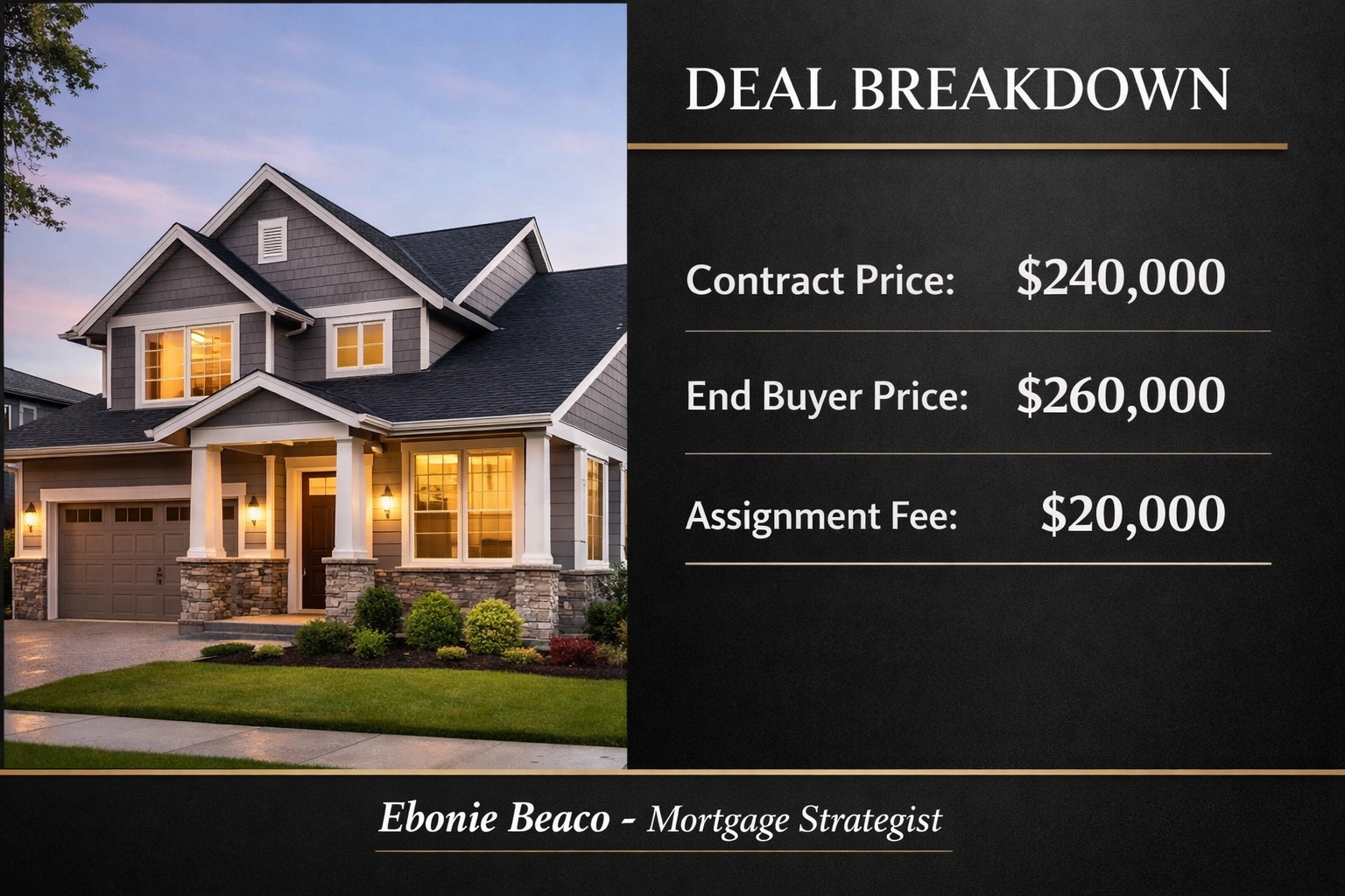 Wholesale real estate deal breakdown showing a $20,000 assignment fee for an off-market suburban house investment.