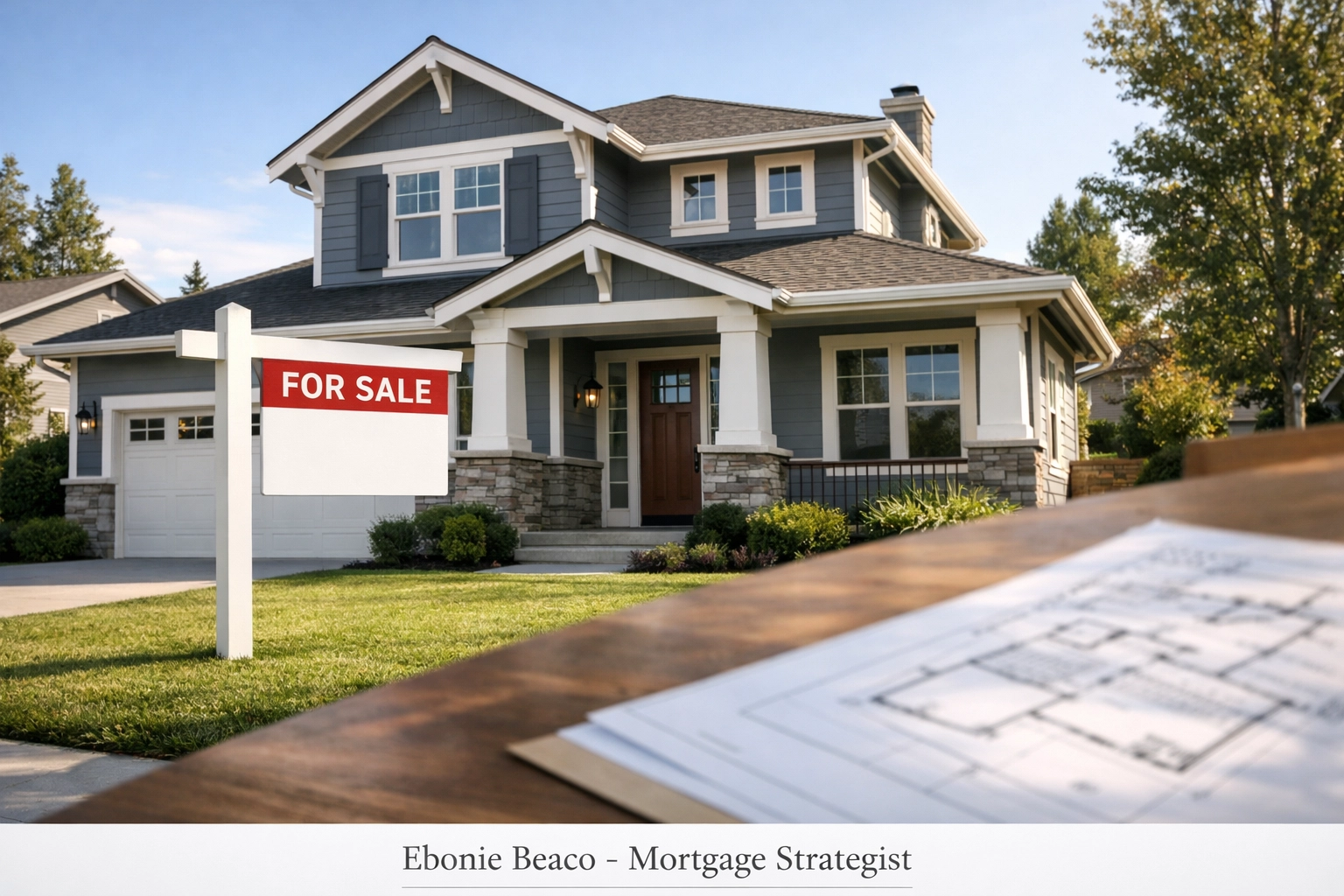 Suburban home with a for sale sign and architectural plans used for evaluating wholesale real estate investment deals.