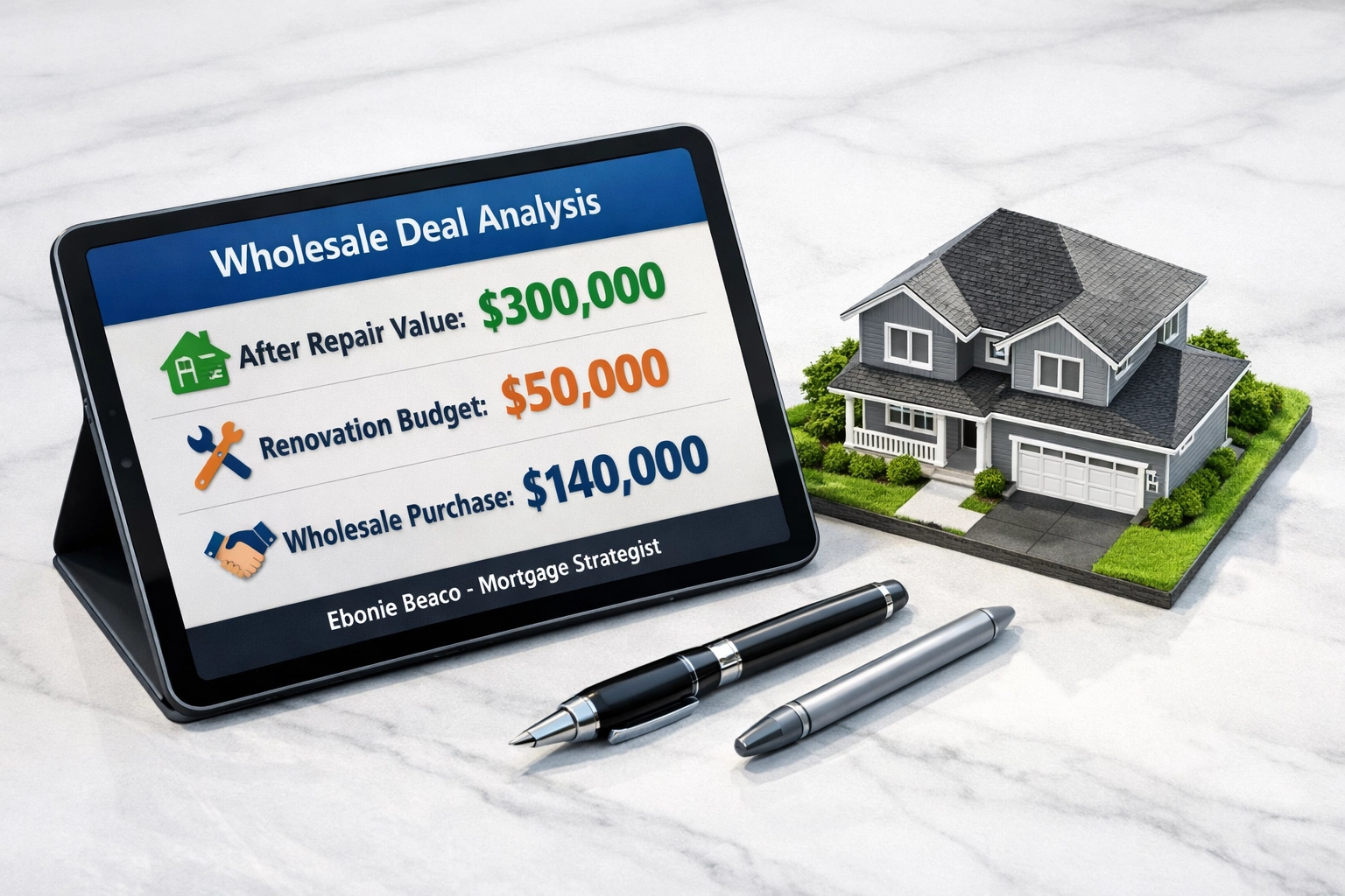 Real estate wholesale deal analysis showing repair costs and purchase price for cash buyers.