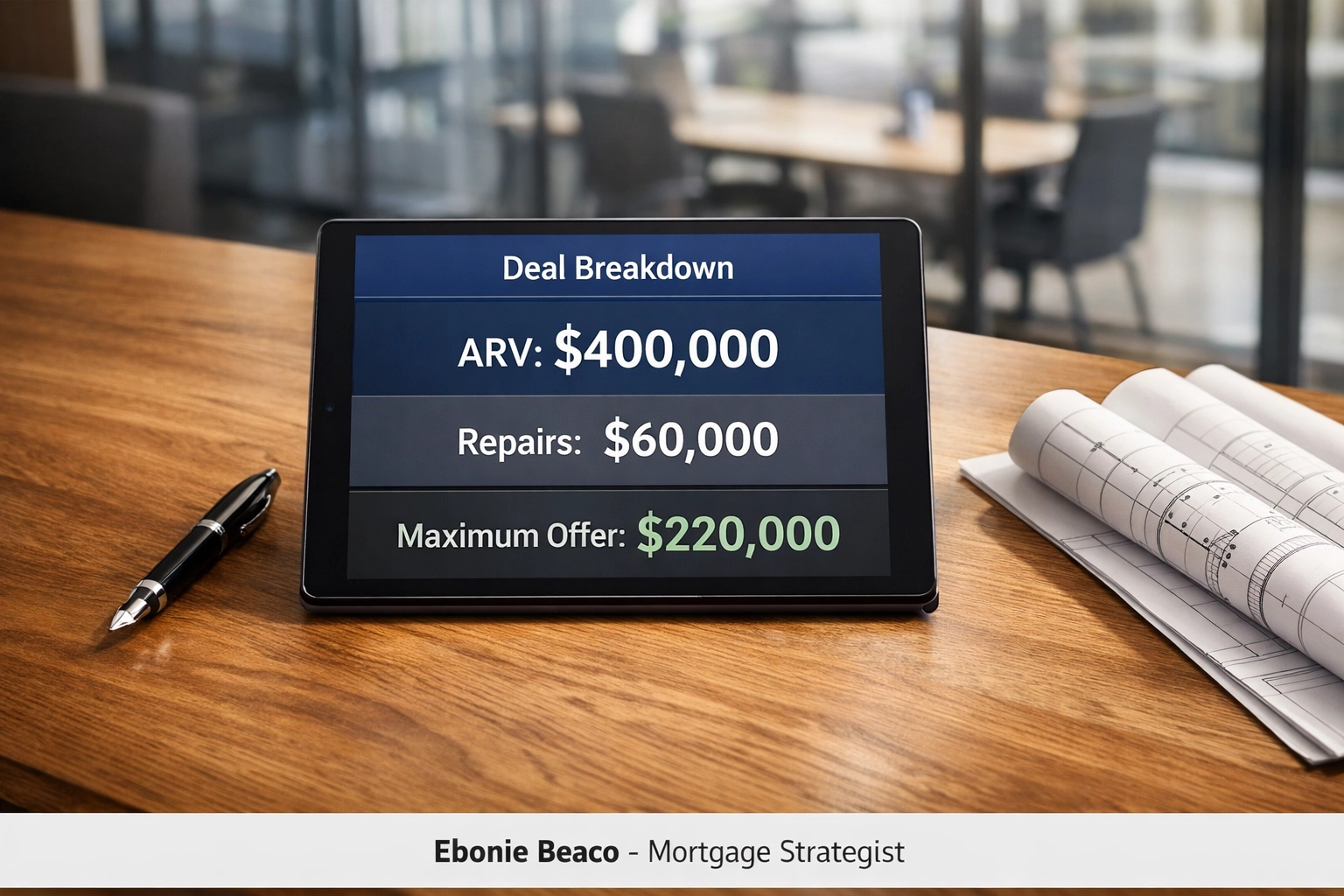 Wholesale real estate deal breakdown on a tablet showing ARV and repair costs for a cash buyer offer calculation.