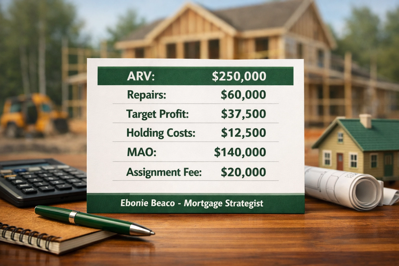 Real estate investing board showing local investor fix and flip calculations for off-market deals.