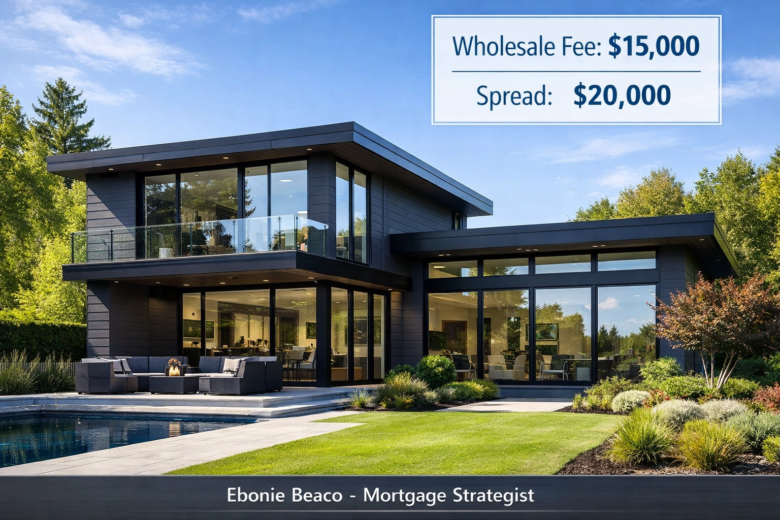 Wholesale real estate deal breakdown with a $15,000 fee and $20,000 spread on a modern residential property.