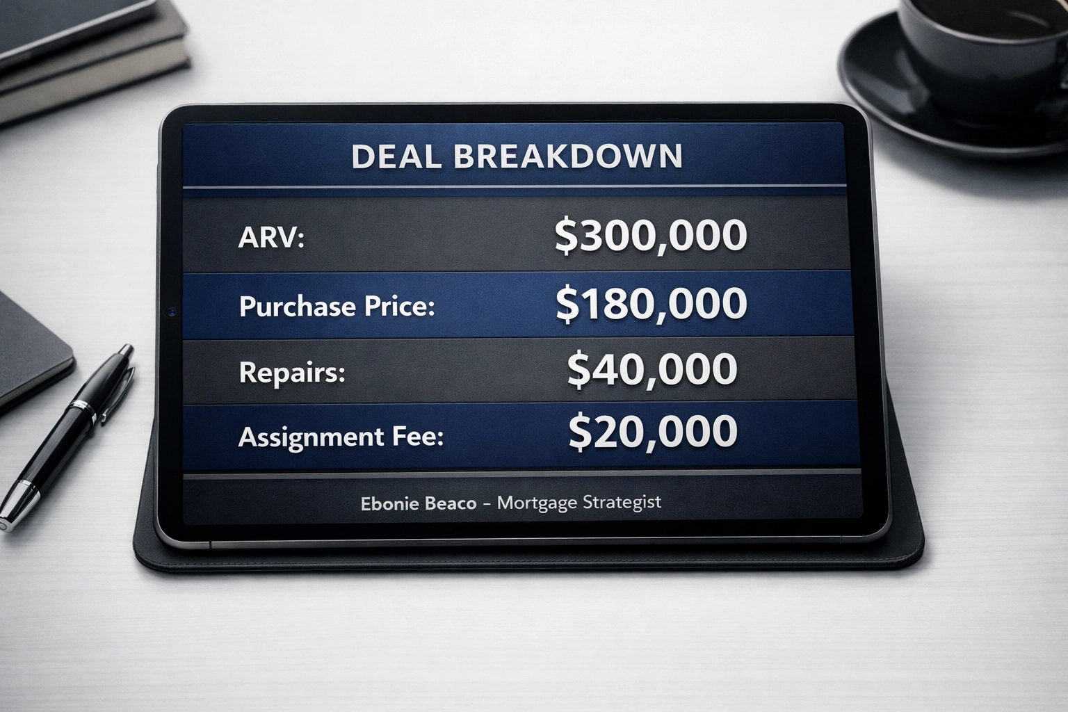 Wholesale real estate profit calculation showing assignment fee and repair costs for an investment property.