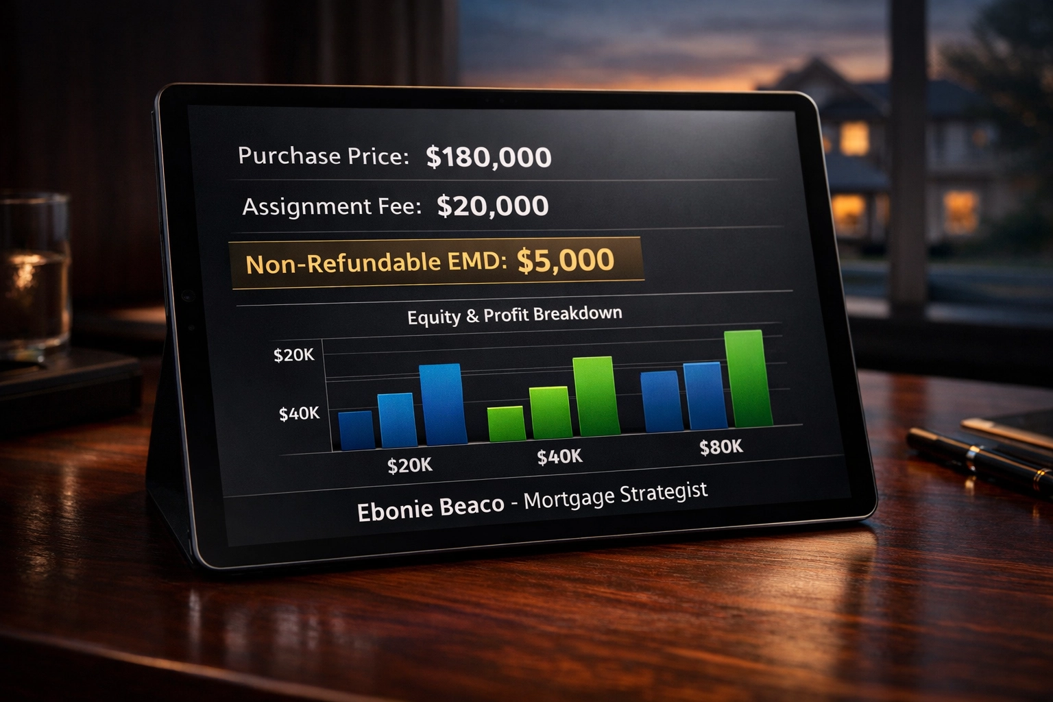 Wholesale real estate deal breakdown on a tablet showing assignment fees and non-refundable earnest money deposits.