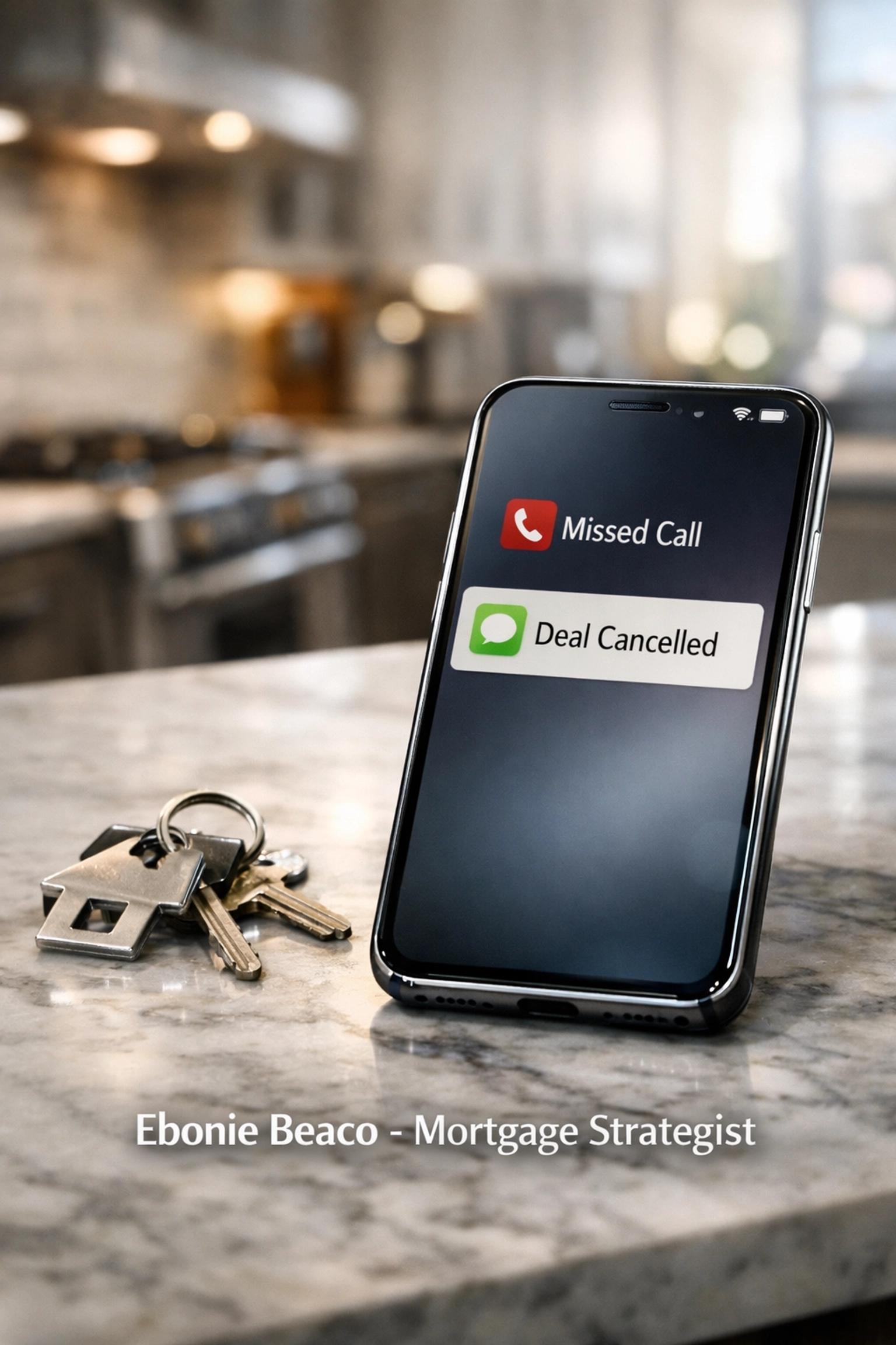 Smartphone displaying a cancelled deal message next to house keys, representing failed real estate negotiations.