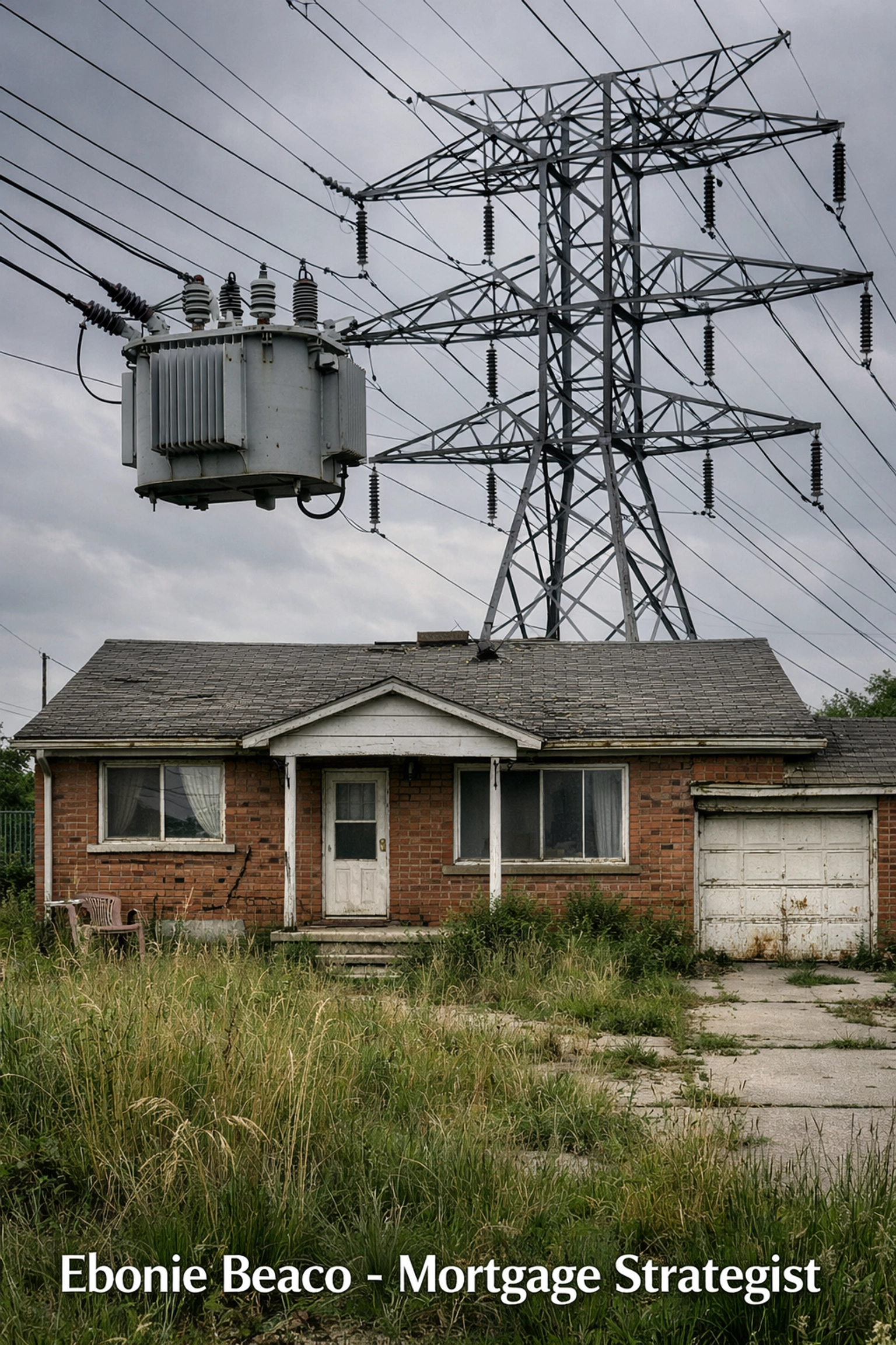 Neglected distressed property with exterior cracks near power lines, showing a wholesale real estate deal killer.