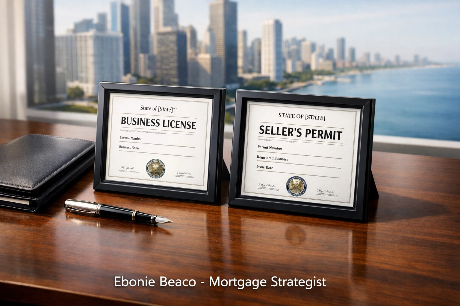 Framed real estate business licenses and legal documents for compliant wholesaling in Chicago and major cities.