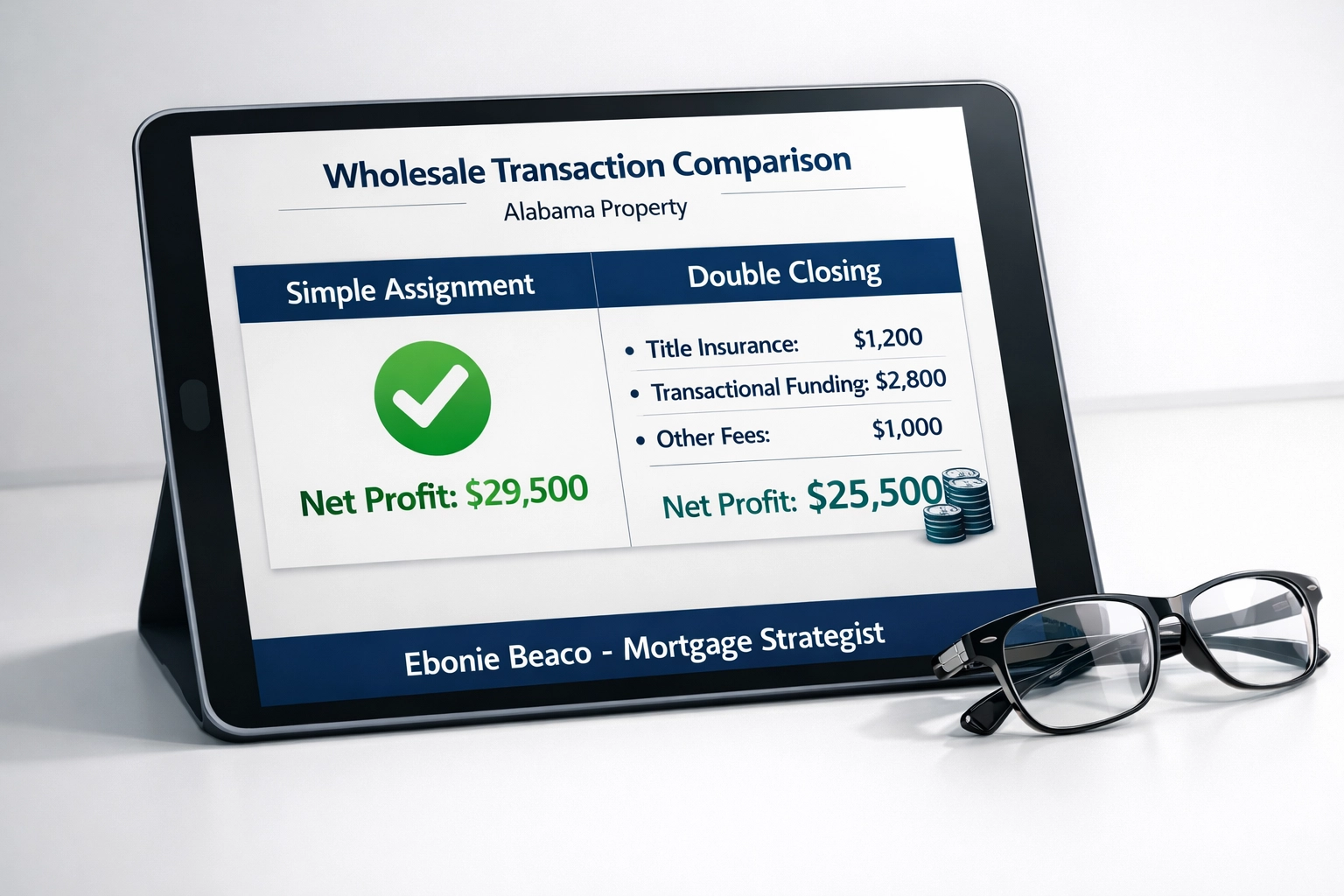Financial breakdown comparing assignment fees and double closing costs for off-market real estate deals.