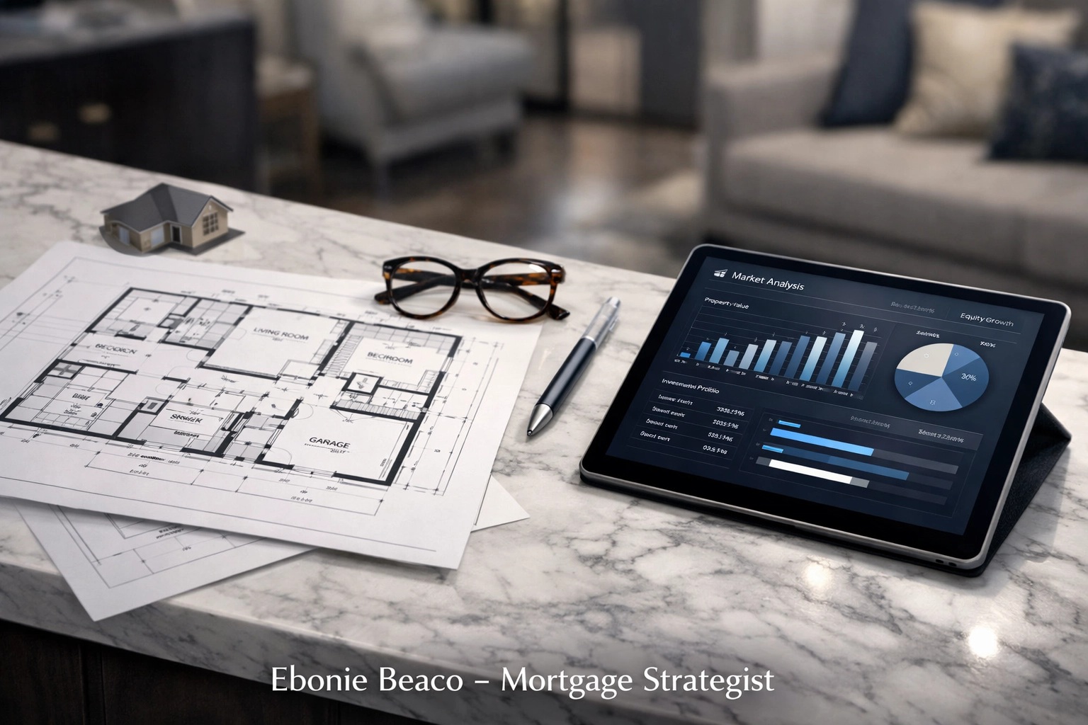 House blueprints and a tablet showing financial analysis for a wholesaling houses deal breakdown.