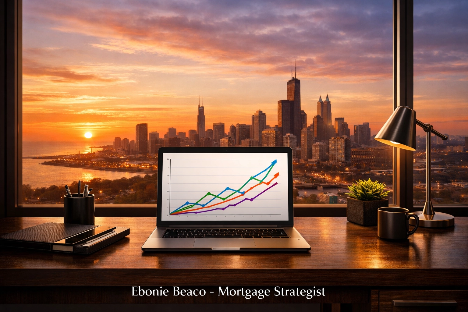 Growth chart on a laptop in a modern office illustrating wholesale real estate market data and trends.