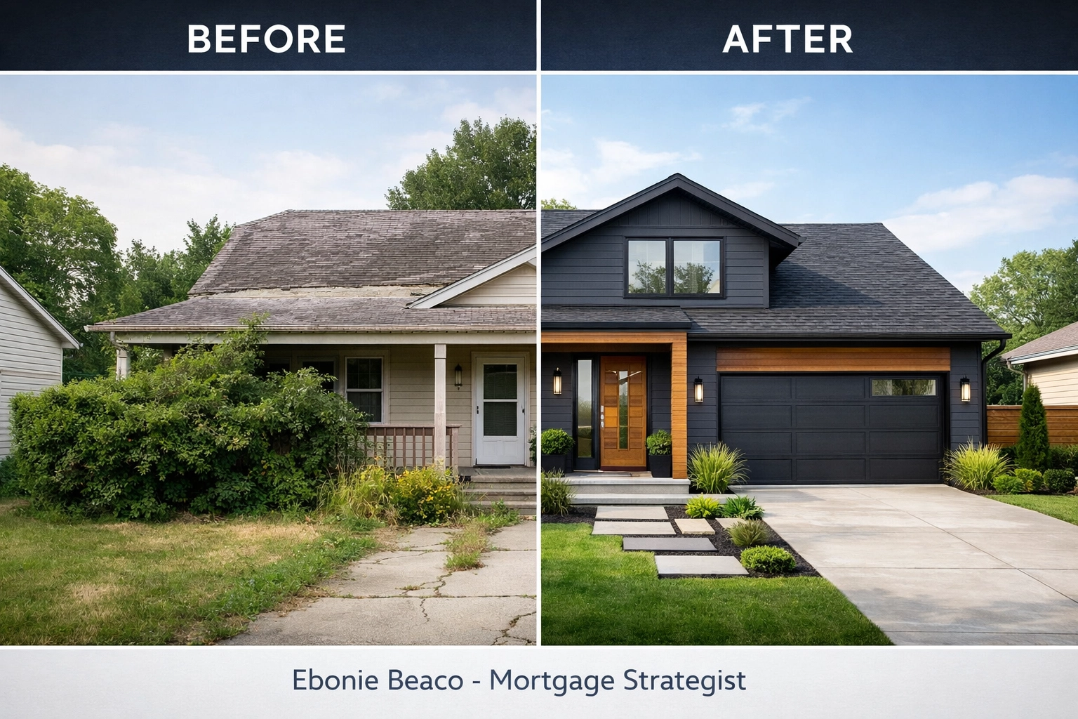 Before and after comparison of a house flipping project showing renovation ROI for real estate investors.