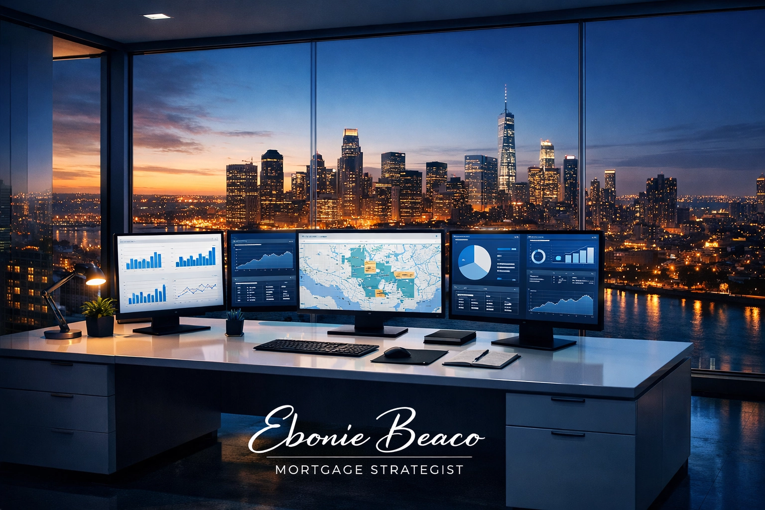 Modern professional office with real estate data monitors used for scaling a wholesale business.