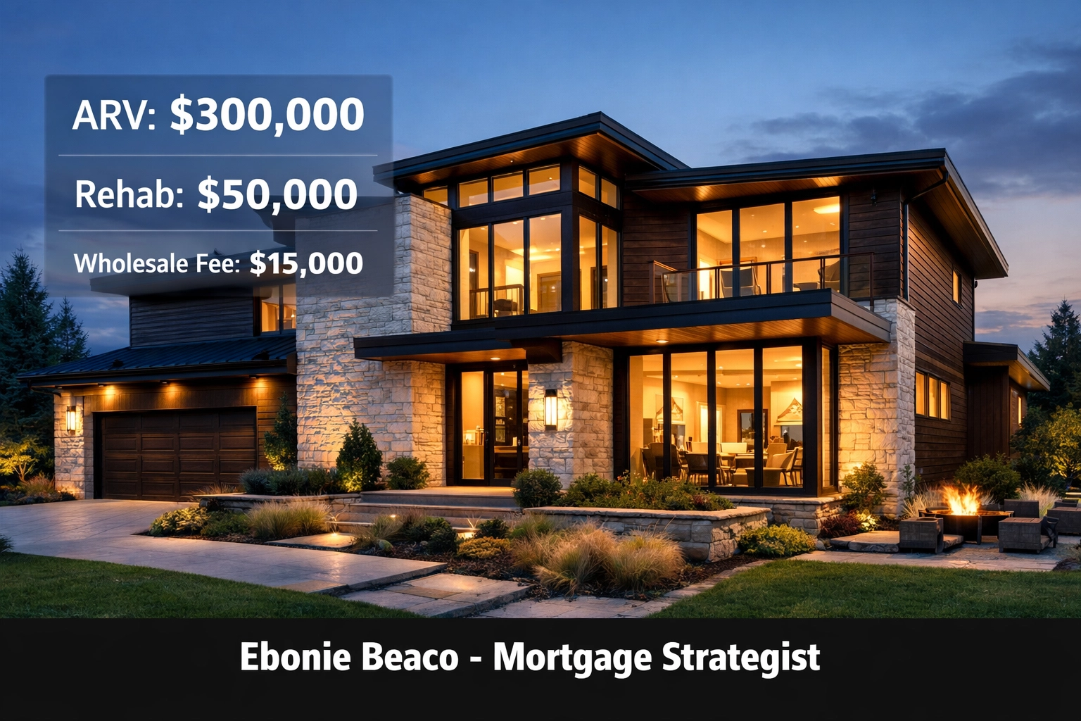 Modern home with a digital overlay showing ARV and wholesale fee calculations for accurate real estate deal analysis.