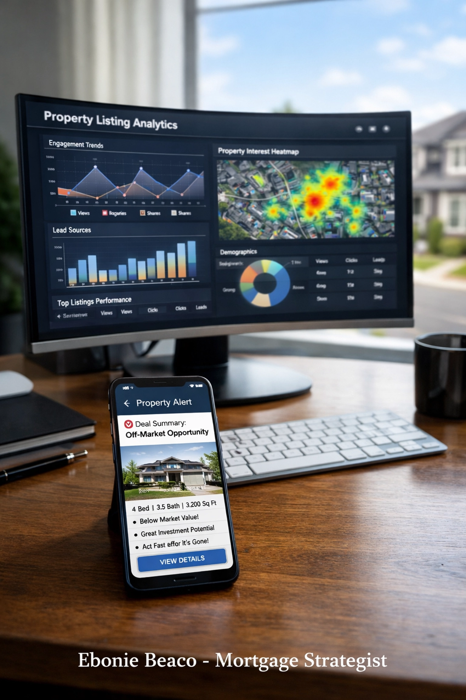 Digital marketing dashboard and smartphone showing an off-market house deal for wholesale real estate buyers.