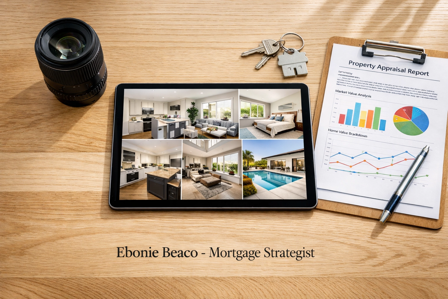 Professional real estate property data package on a desk showing modern house photos and appraisal charts.
