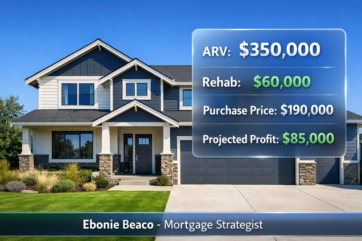 Wholesale real estate deal breakdown on a suburban home showing ARV, rehab costs, and projected investment profit.