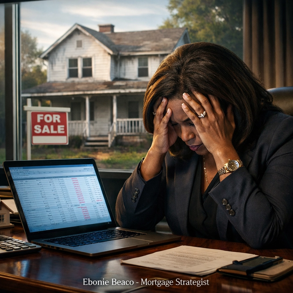 A stressed real estate investor analyzing wholesale house deal spreadsheets in a modern home office.