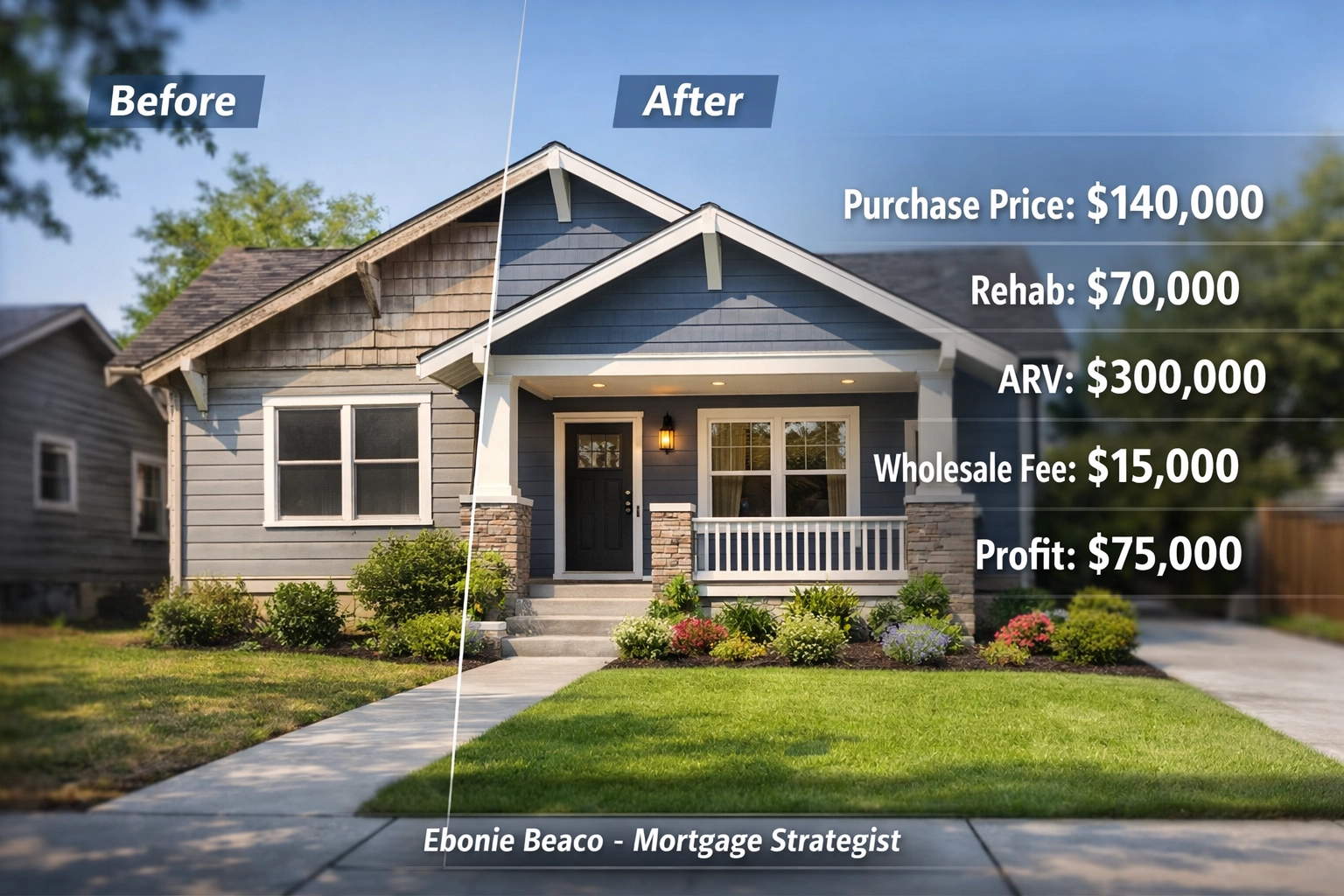 Wholesale real estate deal breakdown showing ARV, rehab costs, and profit potential for an investment property.