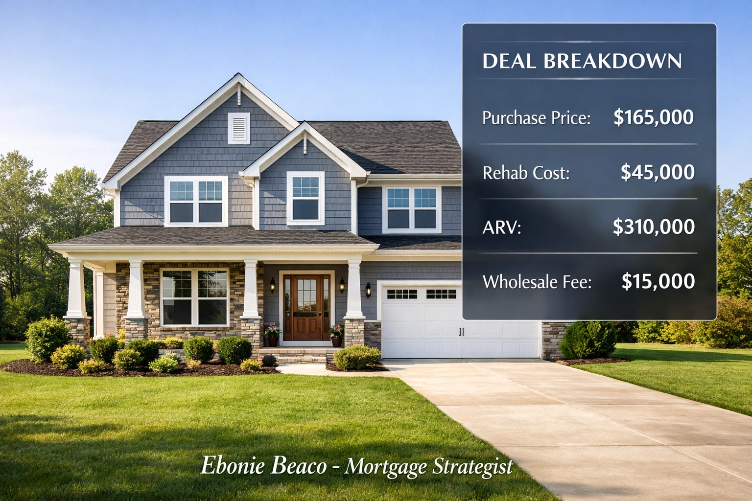 Renovated suburban home with a wholesale real estate deal breakdown overlay showing purchase price and ARV.