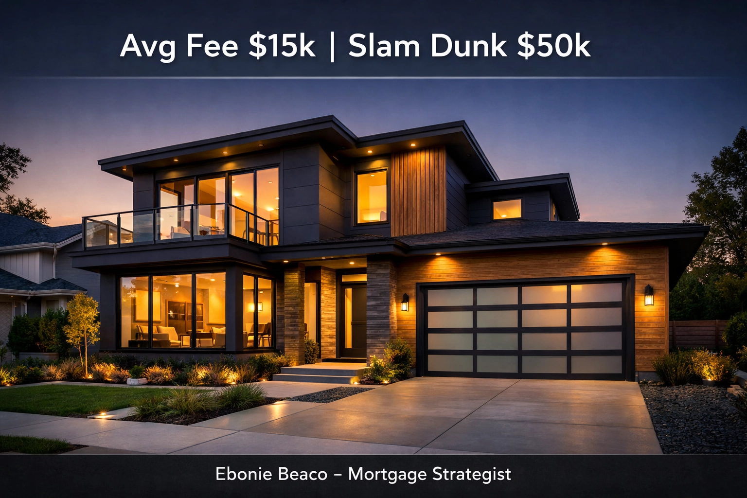 Modern house showing wholesale real estate assignment fees from $15,000 to $50,000 per deal.