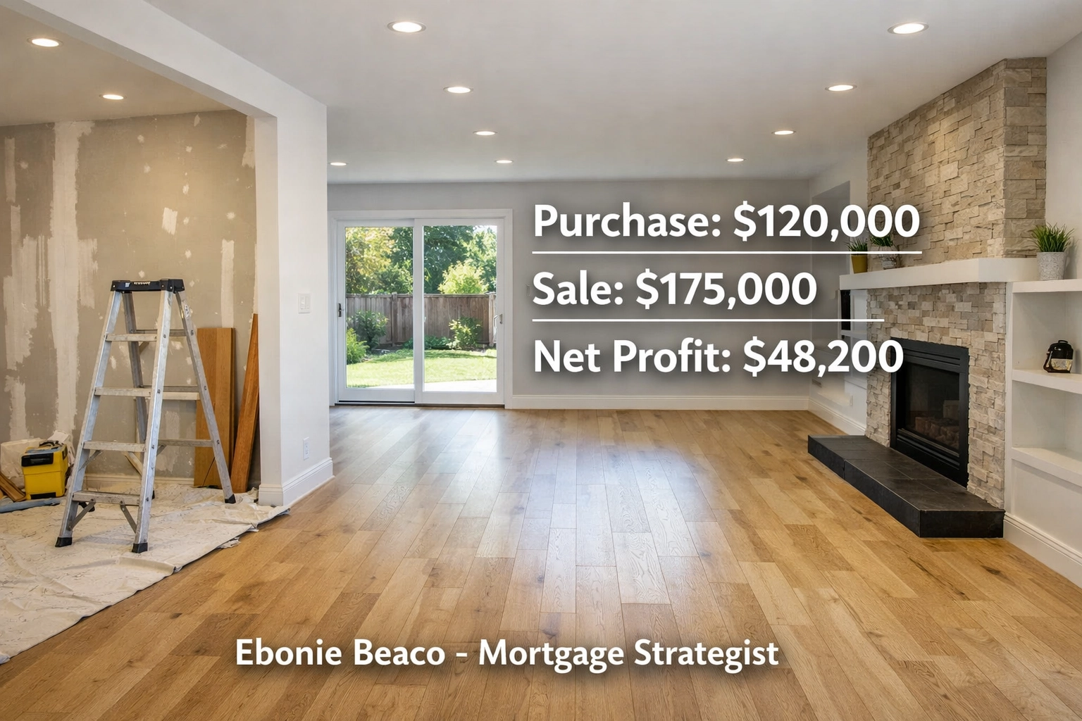 Renovated home interior showing a wholesale real estate deal breakdown with a net profit of $48,200.