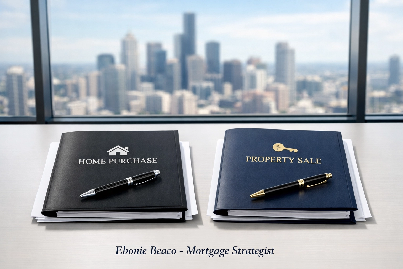 Two sets of real estate closing folders on a desk symbolizing the A-B and B-C transactions of a double closing.