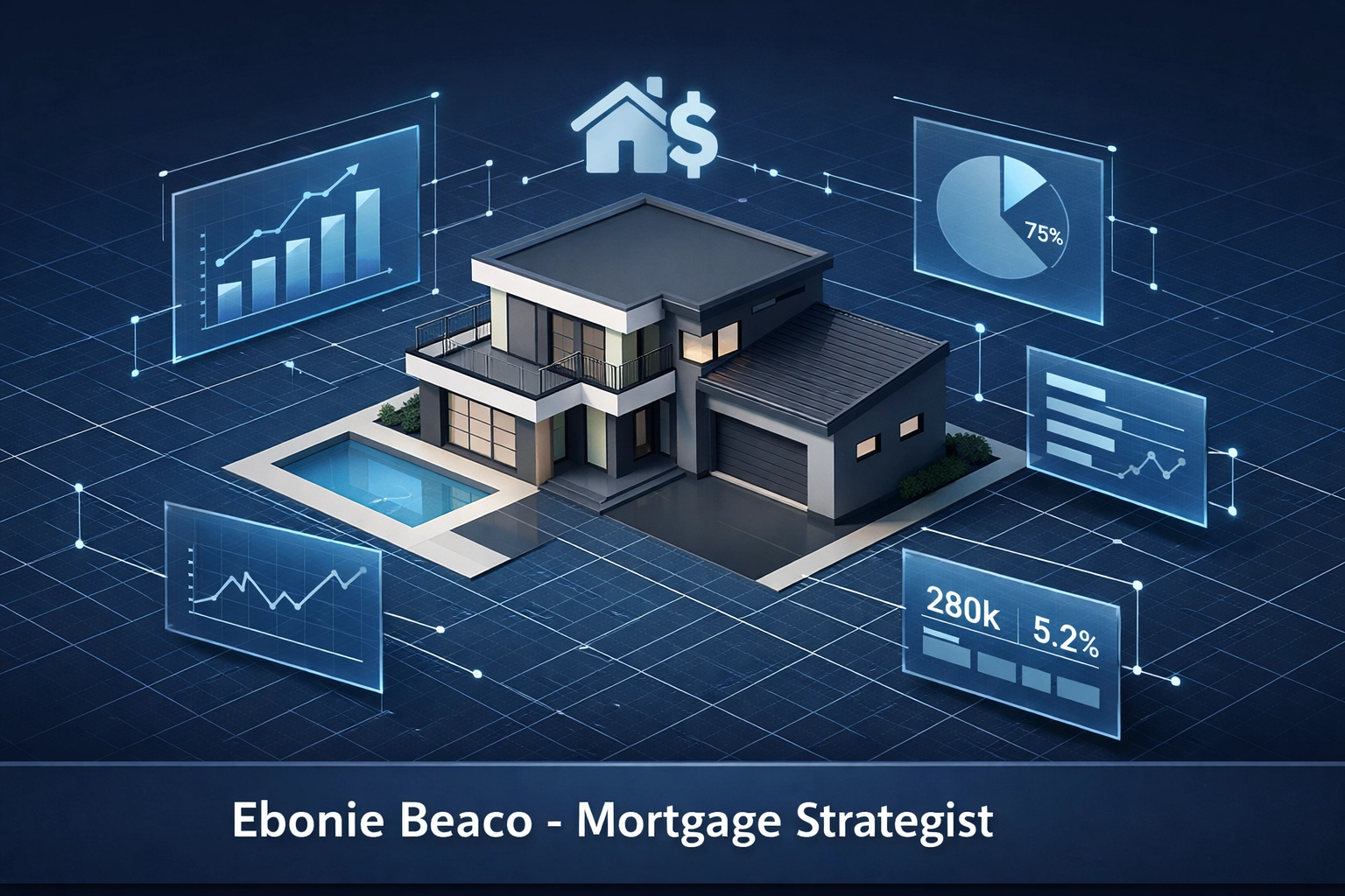 Residential property on a digital blueprint used for calculating financial projections when wholesaling houses.