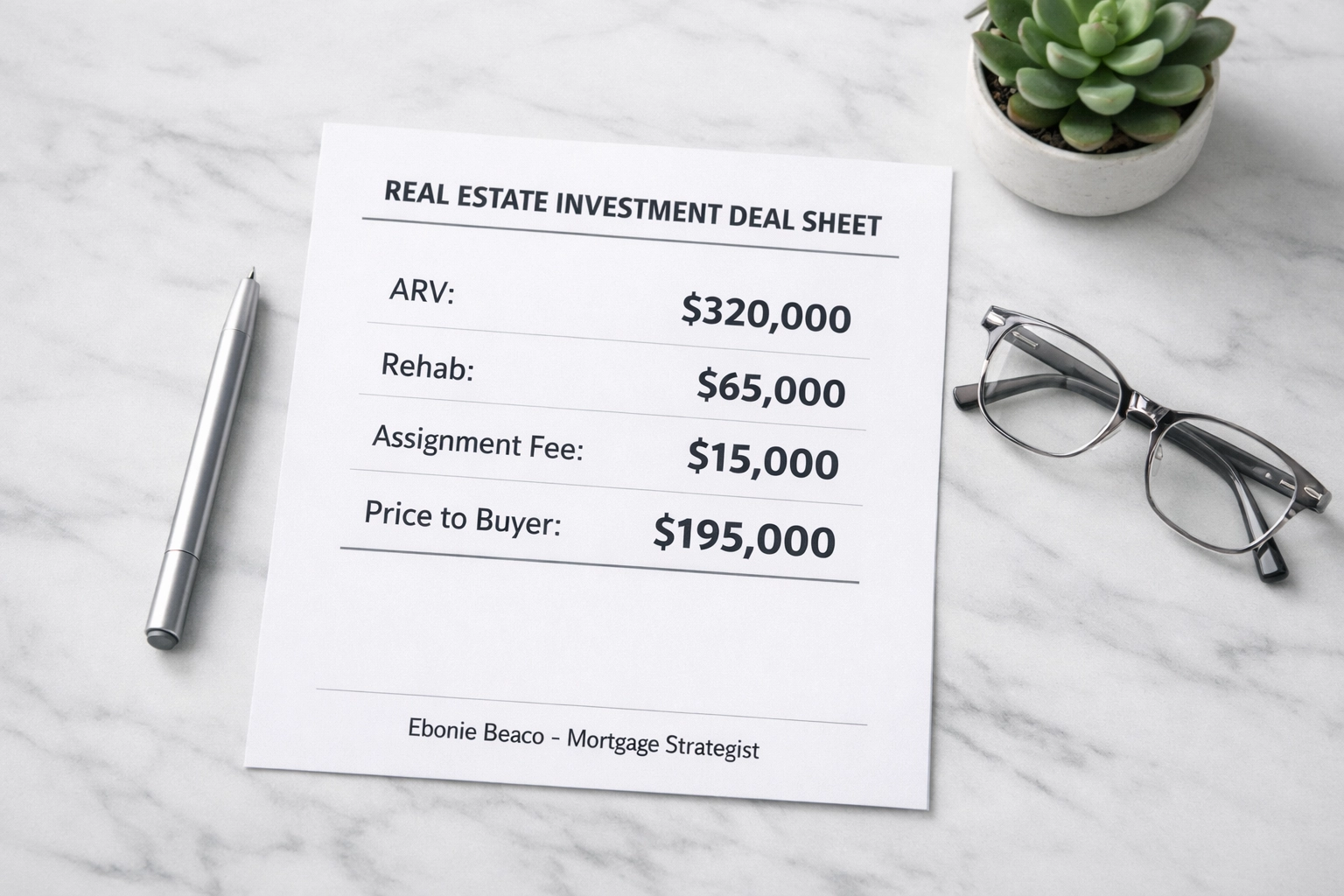 Real estate wholesale deal breakdown worksheet showing ARV, rehab costs, and assignment fee calculations.
