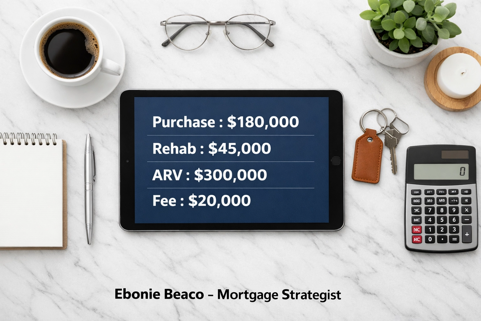Real estate deal breakdown graphic showing purchase price, rehab costs, and wholesale assignment fee.