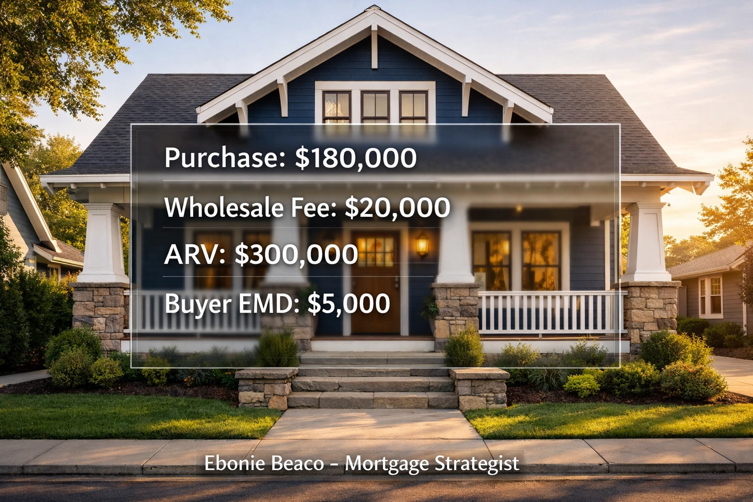 Wholesale real estate deal breakdown showing ARV and earnest money deposit for a renovated house.