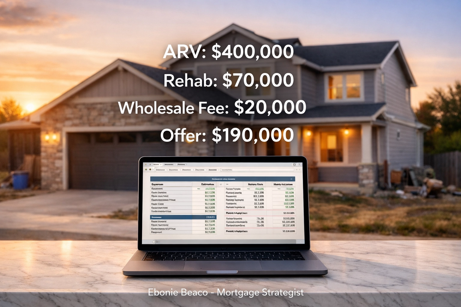 Wholesale real estate deal analysis on a laptop showing ARV and rehab calculations for an investment property.