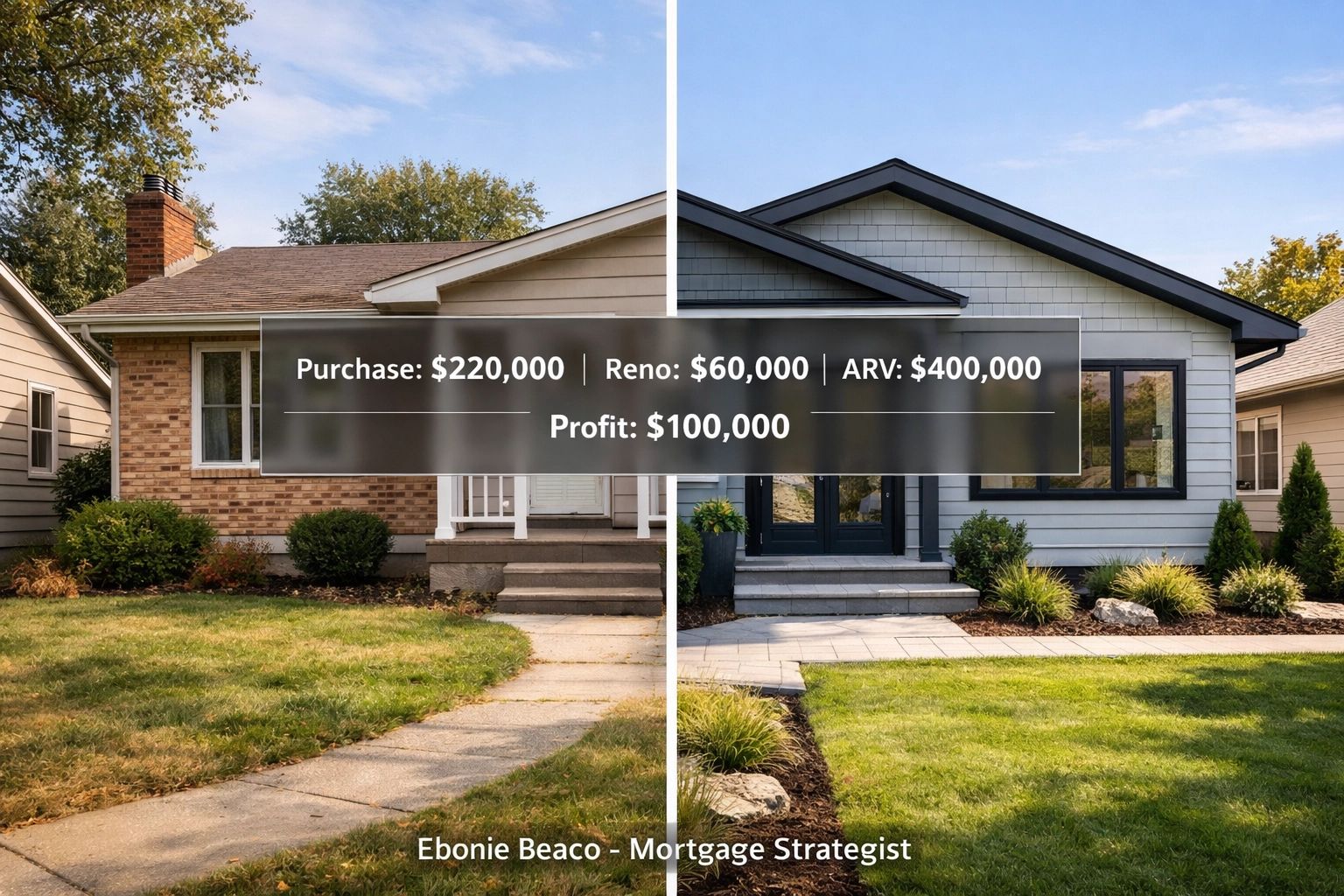Before and after home renovation showing a house flipping deal breakdown for real estate investing success.