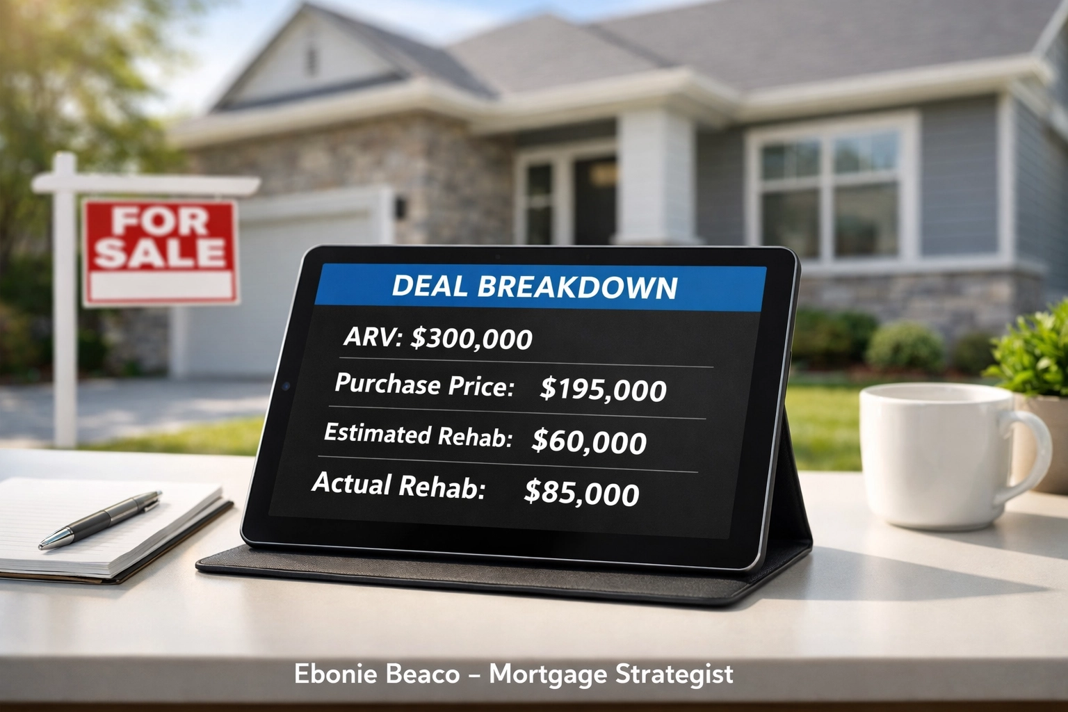 Real estate wholesale deal analysis on a tablet featuring ARV and rehab costs in front of a suburban home.