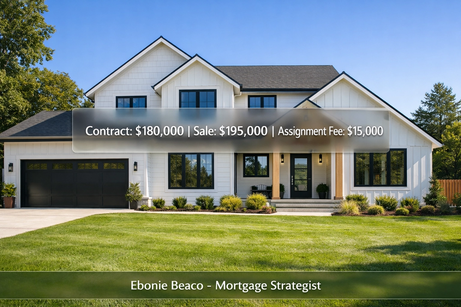 Wholesale real estate deal breakdown with a $15,000 assignment fee on a modern suburban investment property.