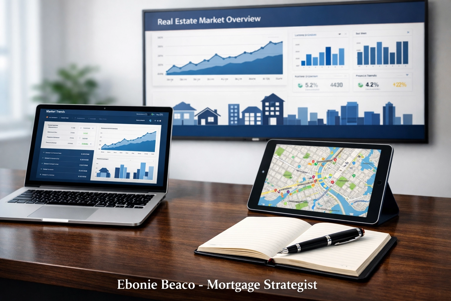 A modern office workspace where a real estate strategist analyzes market trends and wholesale property data.
