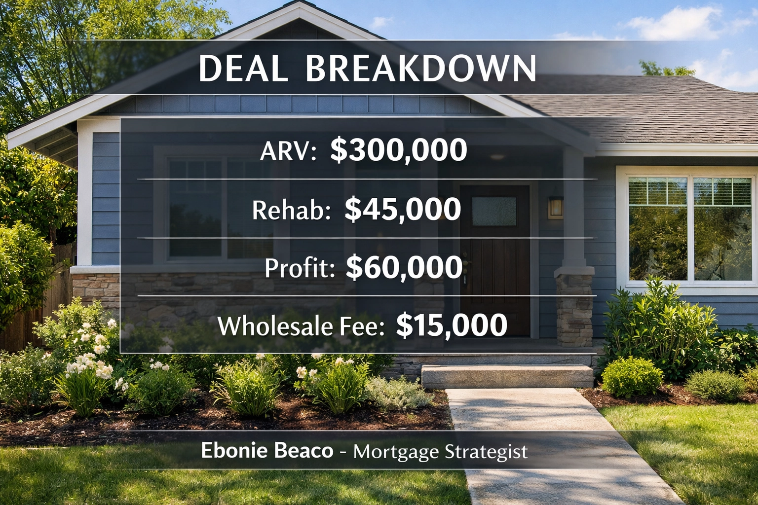 Real estate deal breakdown showing ARV and wholesale fees over a renovated suburban investment property.