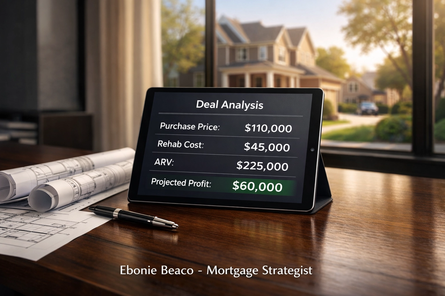 Wholesale real estate deal analysis on a tablet showing purchase price, rehab, and ARV for cash buyers.