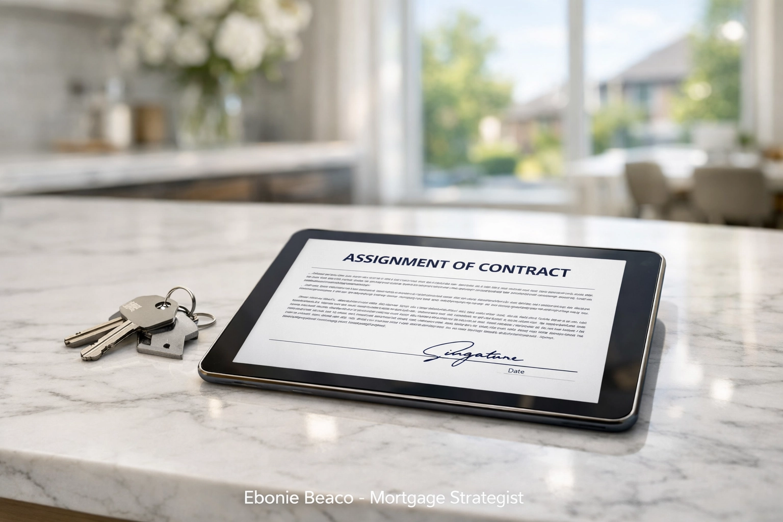 Digital real estate assignment contract on a tablet used for wholesale real estate investing.
