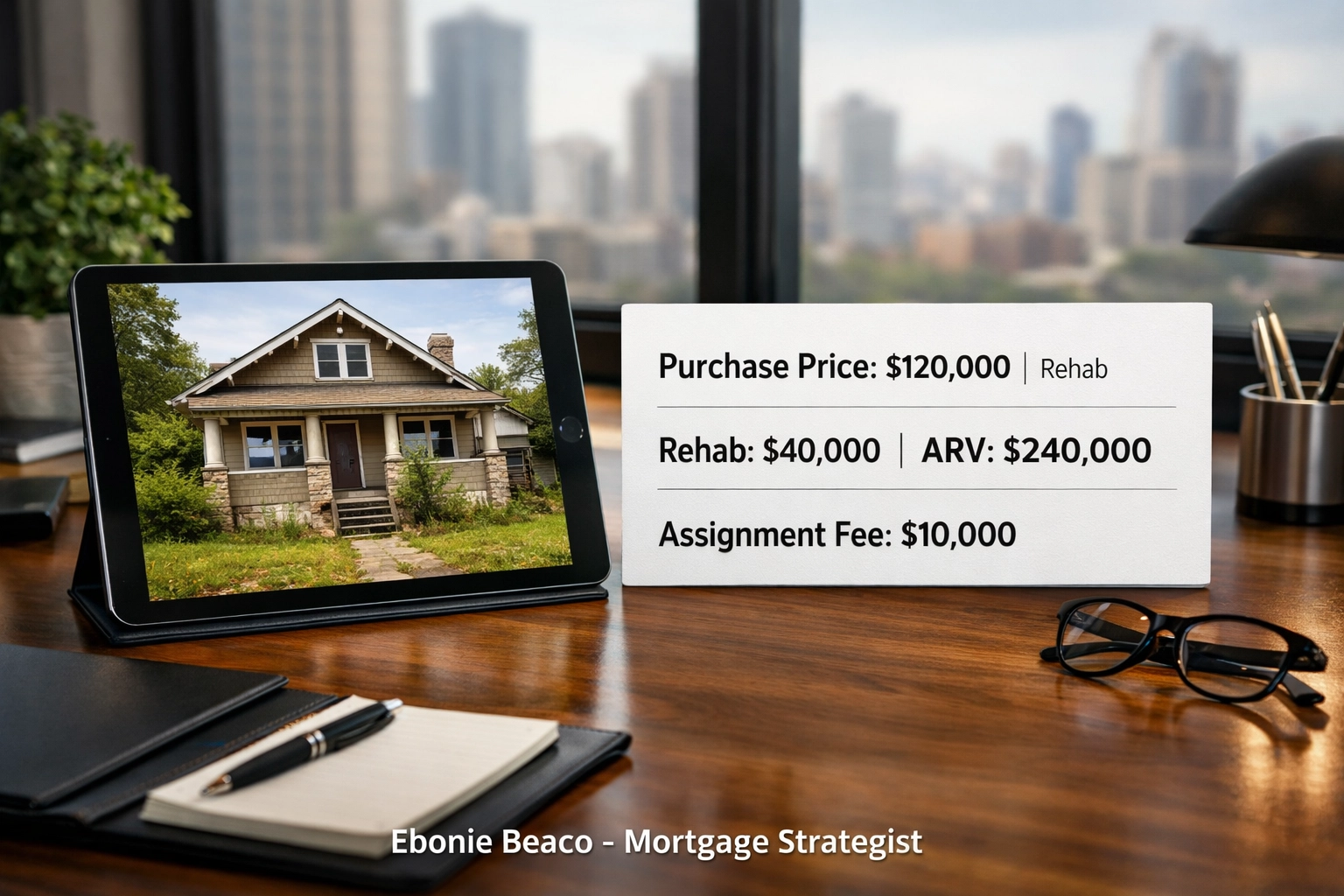 Wholesale real estate deal breakdown on a tablet showing purchase price, rehab costs, ARV, and assignment fee.
