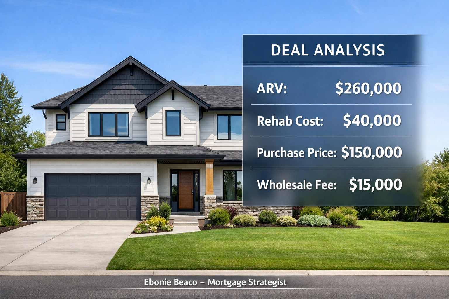 Wholesale real estate deal breakdown showing ARV and rehab costs for a contemporary investment property.