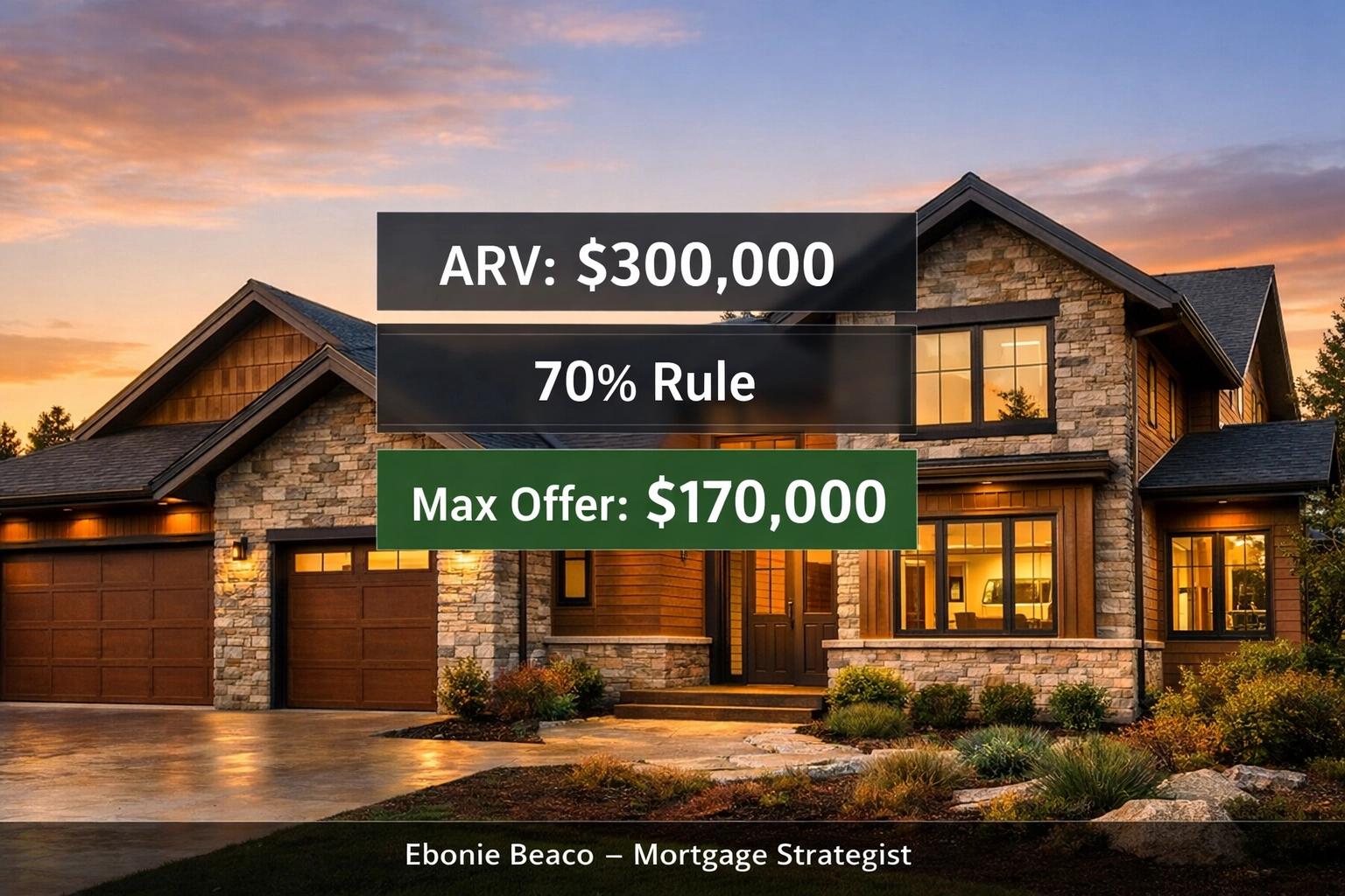 Wholesale real estate 70% rule calculation showing ARV and Max Offer on a modern house.